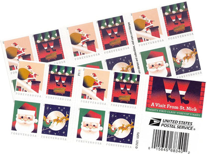 A Visit From St. Nick 2021 USPS Forever First Class Postage Stamps - Mailboxes of Flushing