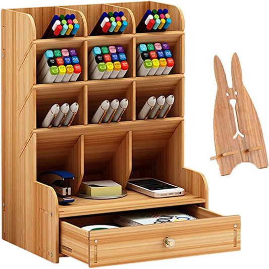 1pc Wooden Desk Organizer, Multi-Functional DIY Pen Holder, Pen Organizer For Desk, Desktop Stationary, Easy Assembly, Home Office Art Supplies Organizer Storage With Drawer - Mailboxes of Flushing